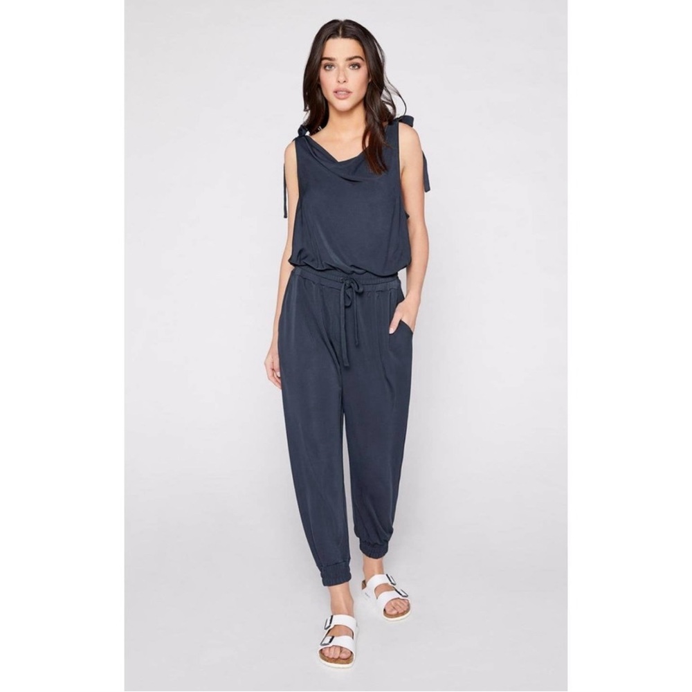 NWT Cinq A Sept Jumpsuit Medium Blue Jersey Knit Shawn Tie Shoulder One Piece XL